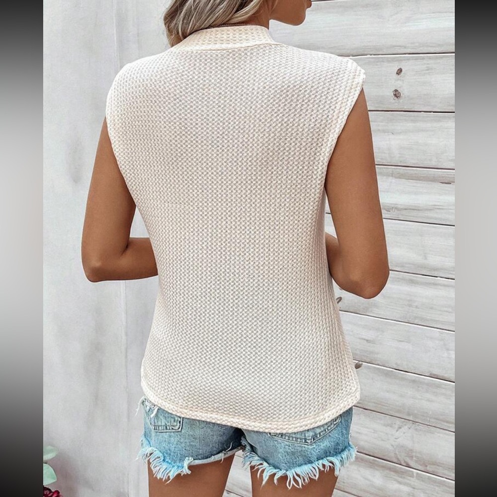 Classic Waffle Mock Cowl Neck Cap Sleeve Work Office Casual Top Blouse Shirt - Picture 3 of 16